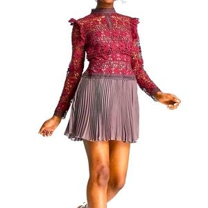 ASOS DESIGN long sleeve lace mini dress with contrast lace and pleated hem